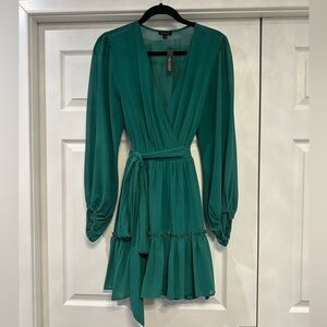Miss Avenue Emerald Green Short Wrap Dress with Tie and Long Sleeves